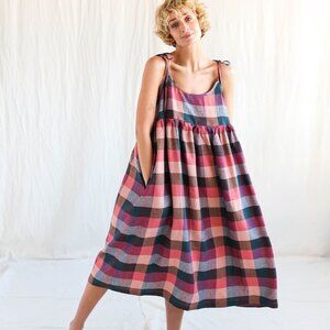 OFFON - Loose tie strap linen sundress in checks - Size Small - OFFON Clothing